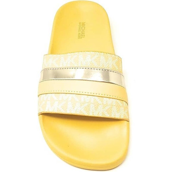 Michael Kors Brandy Metallic Striped Logo Slide Sandal Daffodil Yellow Nib $85 - Picture 2 of 3